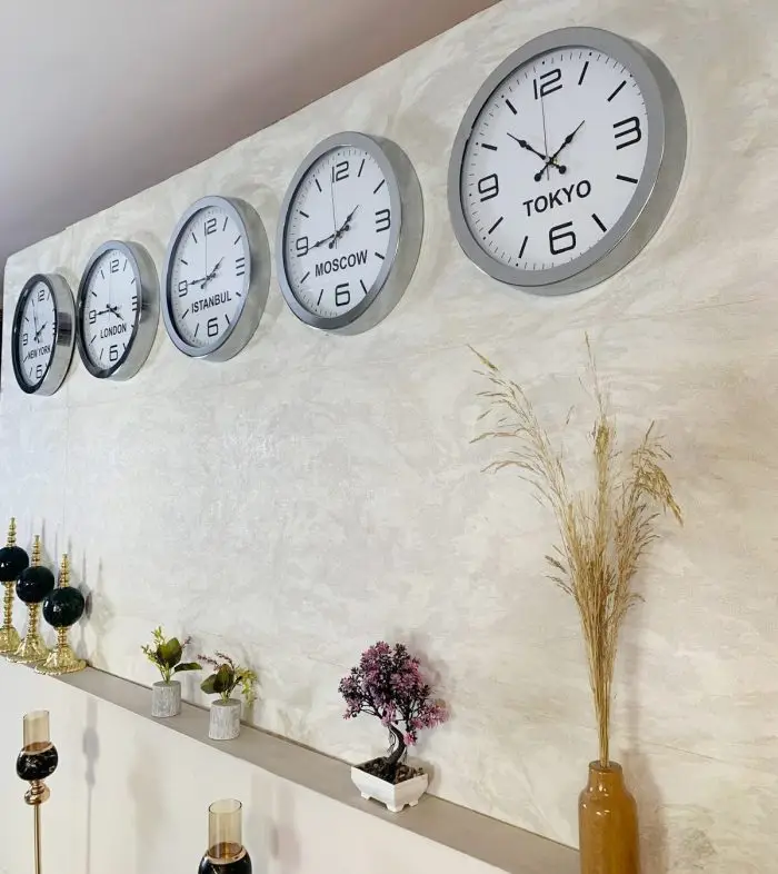 Ülke Başkentleri Duvar Saati 36 cm Krom Metal 5’li Seti