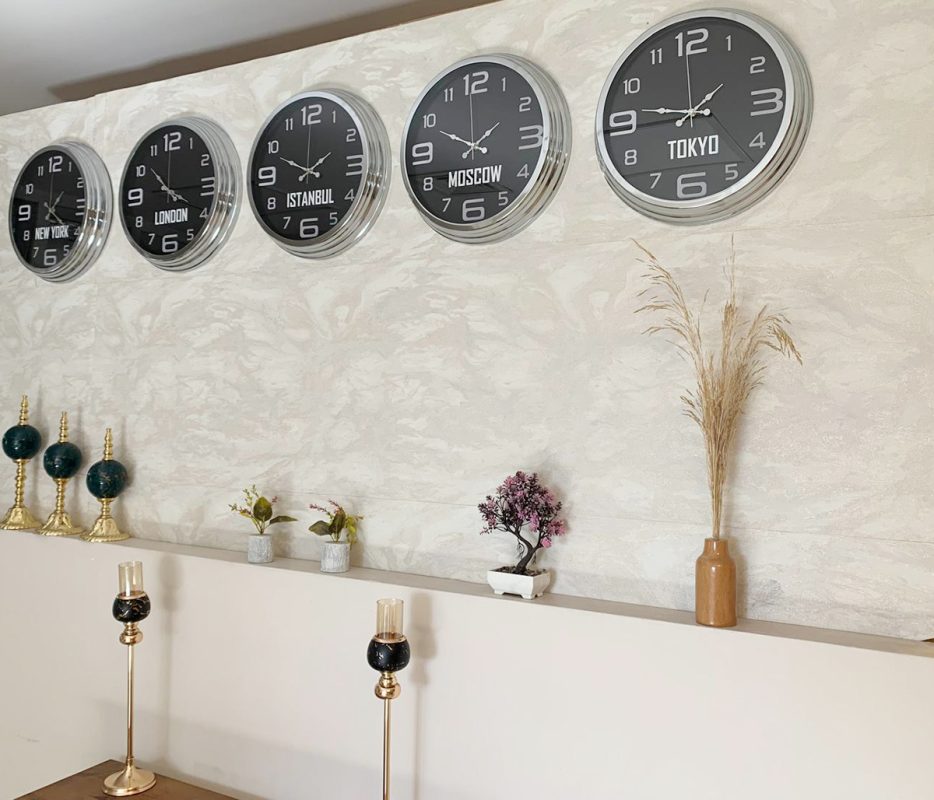 Dünya Saatleri Duvar Saati 40 cm Krom Metal 5’li Seti