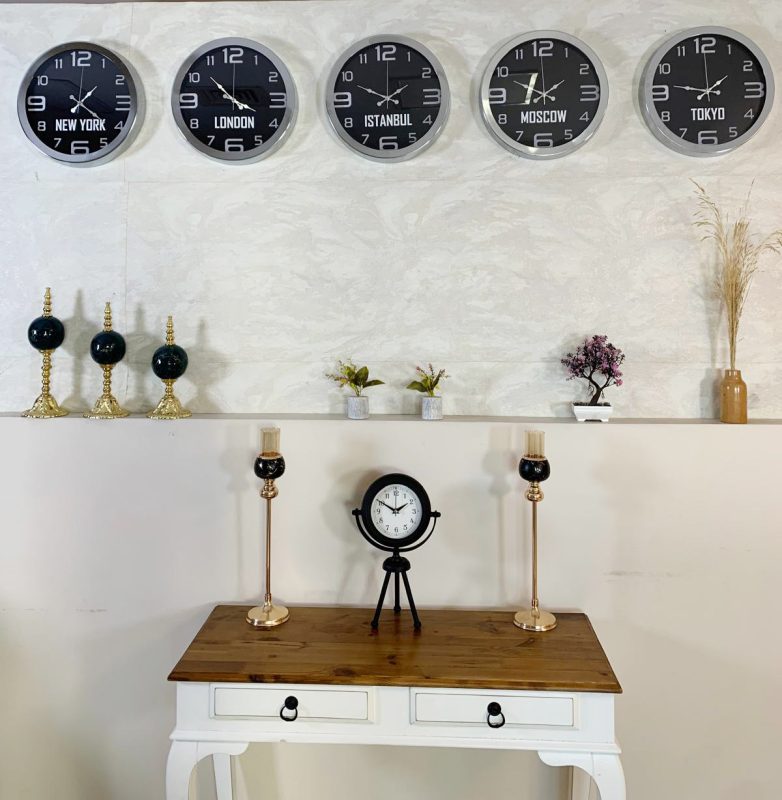 Dünya Saatleri Duvar Saati 36 cm Krom Metal 5’li Seti