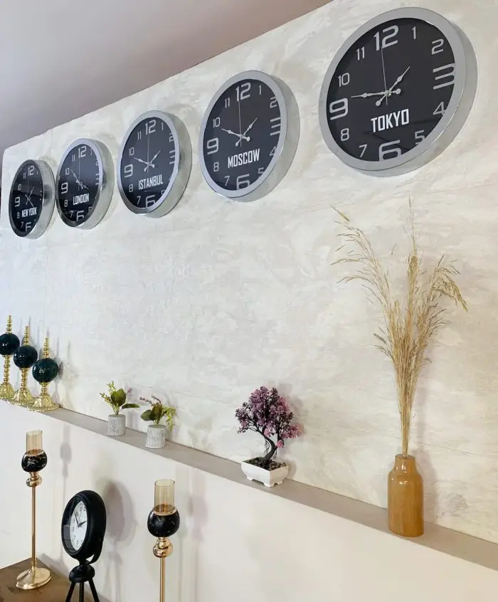 Dünya Saatleri Duvar Saati 36 cm Krom Metal 5’li Seti