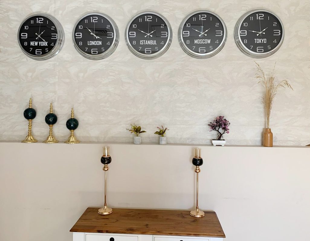 Dünya Saatleri Duvar Saati 40 cm Krom Metal 5’li Seti