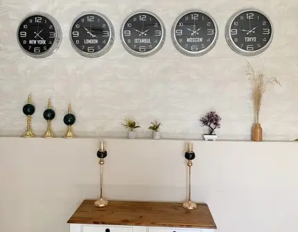 Dünya Saatleri Duvar Saati 40 cm Krom Metal 5’li Seti