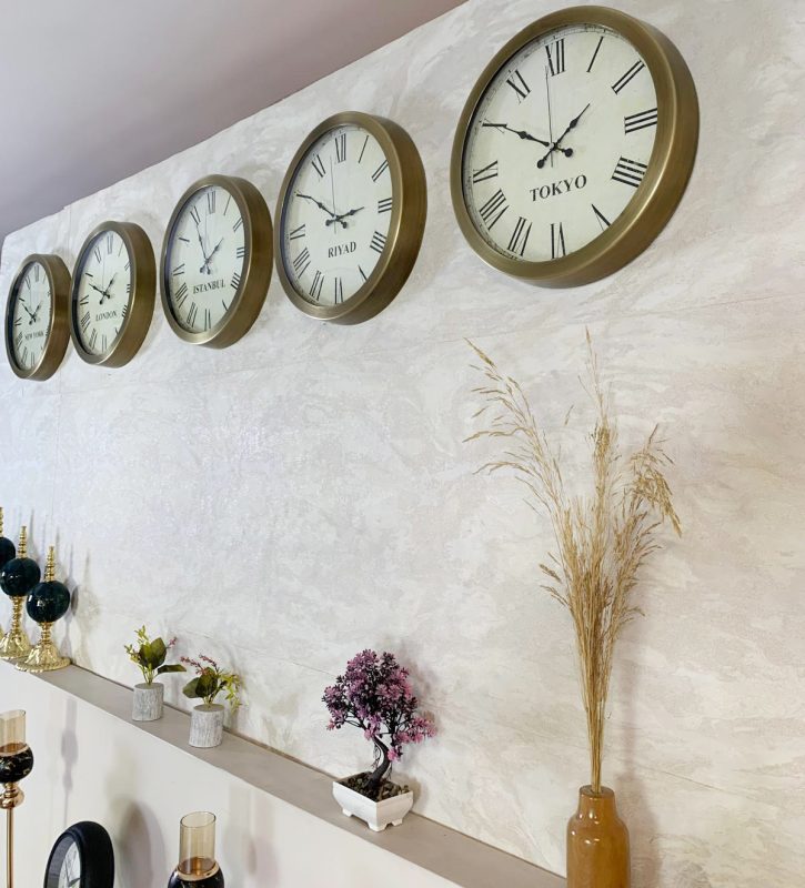 Dünya Saatleri Duvar Saati 36 cm Eskitme Metal 5’li Seti