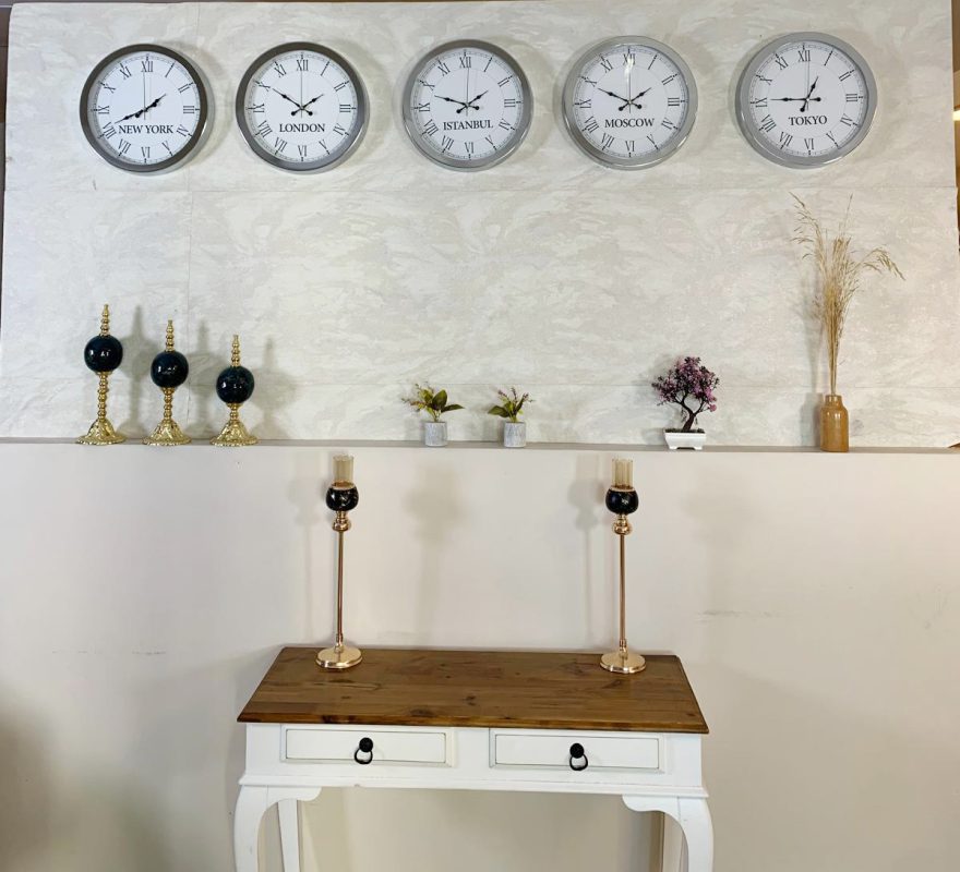 36 cm Krom Metal 5’li Seti-Otel Dünya Saatleri Duvar Saati