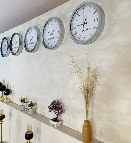 36 cm Krom Metal 5’li Seti-Otel Dünya Saatleri Duvar Saati