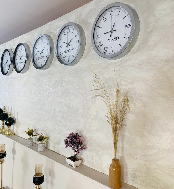 36 cm Krom Metal 5’li Seti-Otel Dünya Saatleri Duvar Saati