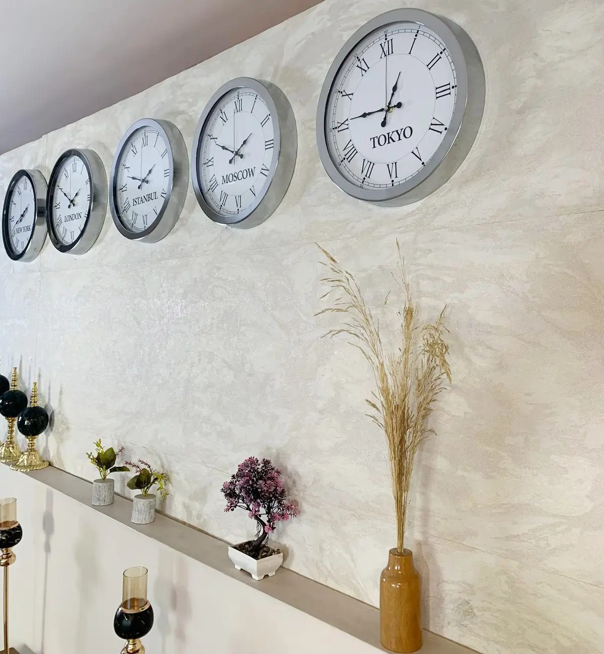 36 cm Krom Metal 5’li Seti-Otel Dünya Saatleri Duvar Saati