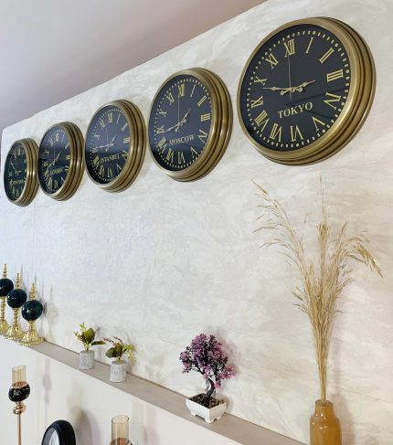 40 cm Eskitme Metal 5 li Set Otel Dünya Saatleri Duvar Saati