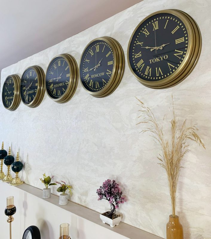 40 cm Eskitme Metal 5 li Set Otel Dünya Saatleri Duvar Saati